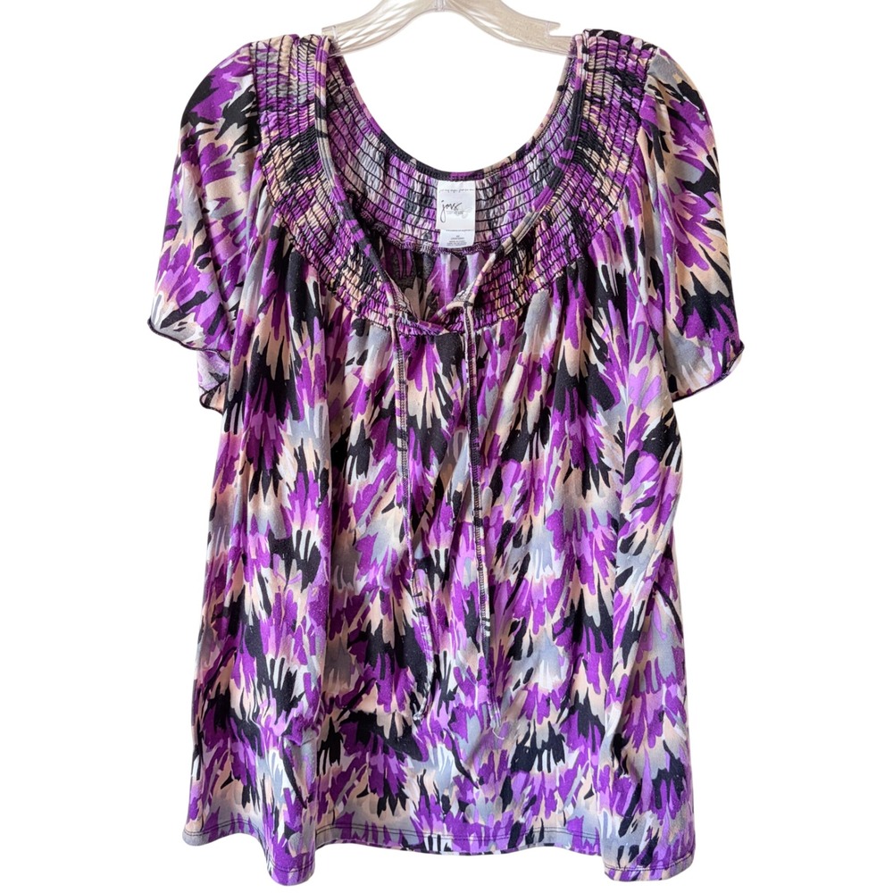 JMS Just My Size Purple Abstract Smocked Neck Flutter Sleeve Blouse Top 4X 26/28